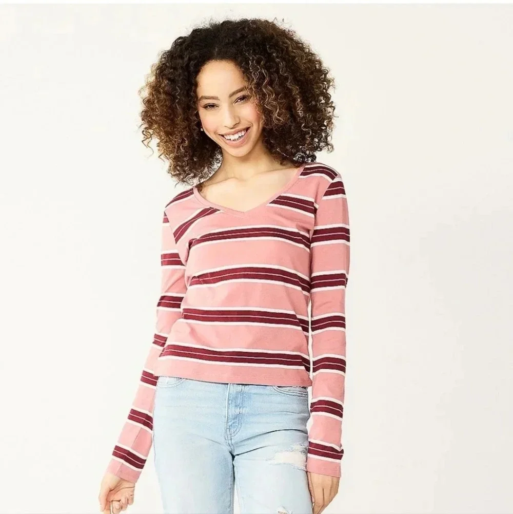 SO | Essential V-Neck Long Sleeve T-Shirt in Pink Stripe sz Various